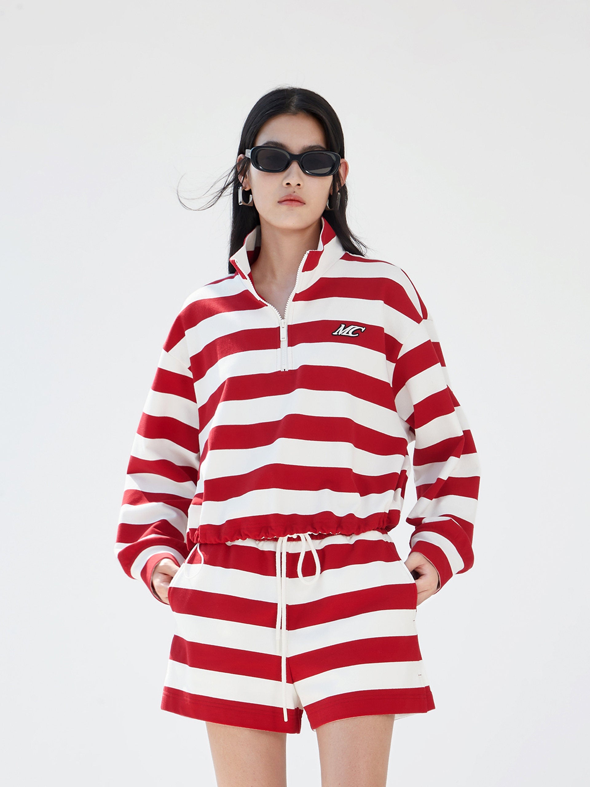 Red Striped Logo Cotton Athleisure Long Sleeves Top