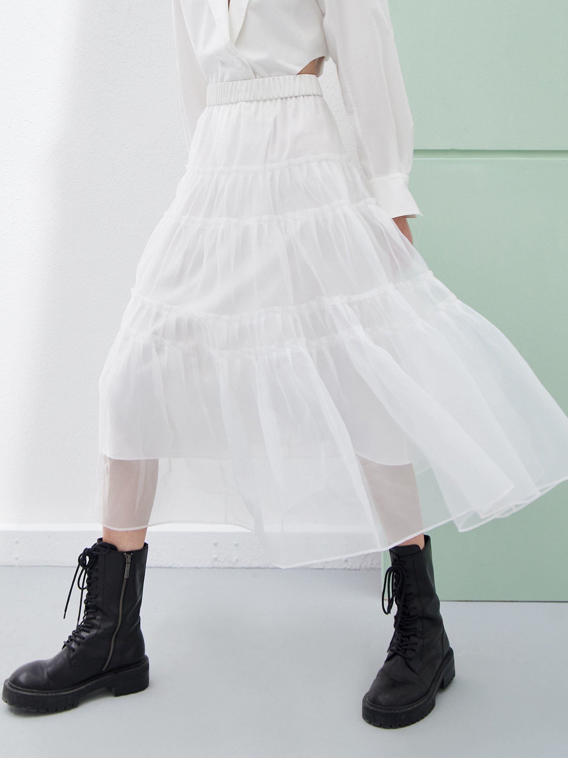 Layered Ruffled Tulle Midi Skirt in White