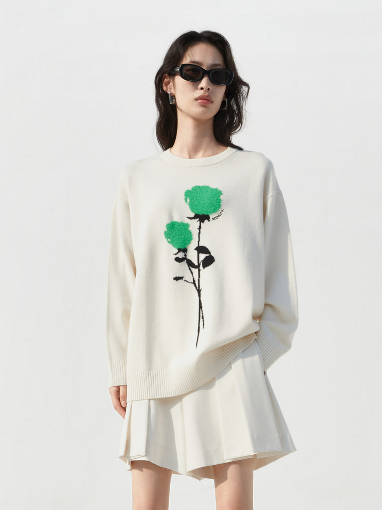 Beige Rose Embroidered and Jacquard Wool Sweater Pullover
