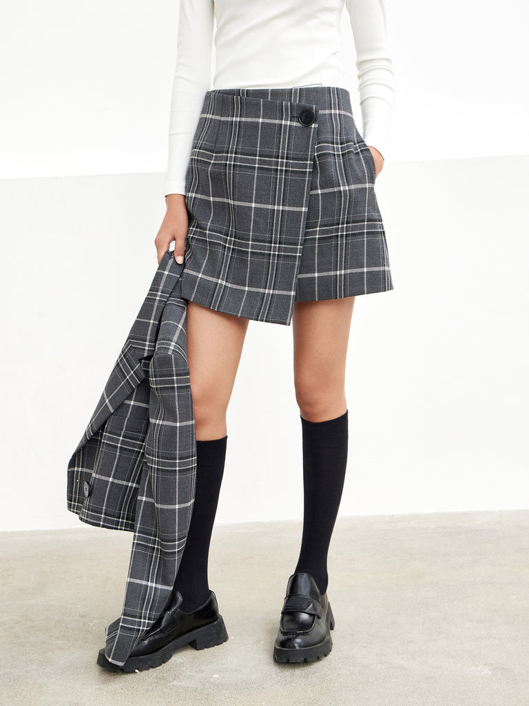 MO&Co. Women's Wool Checkered Wrap Skirt Classic Fitted Grey