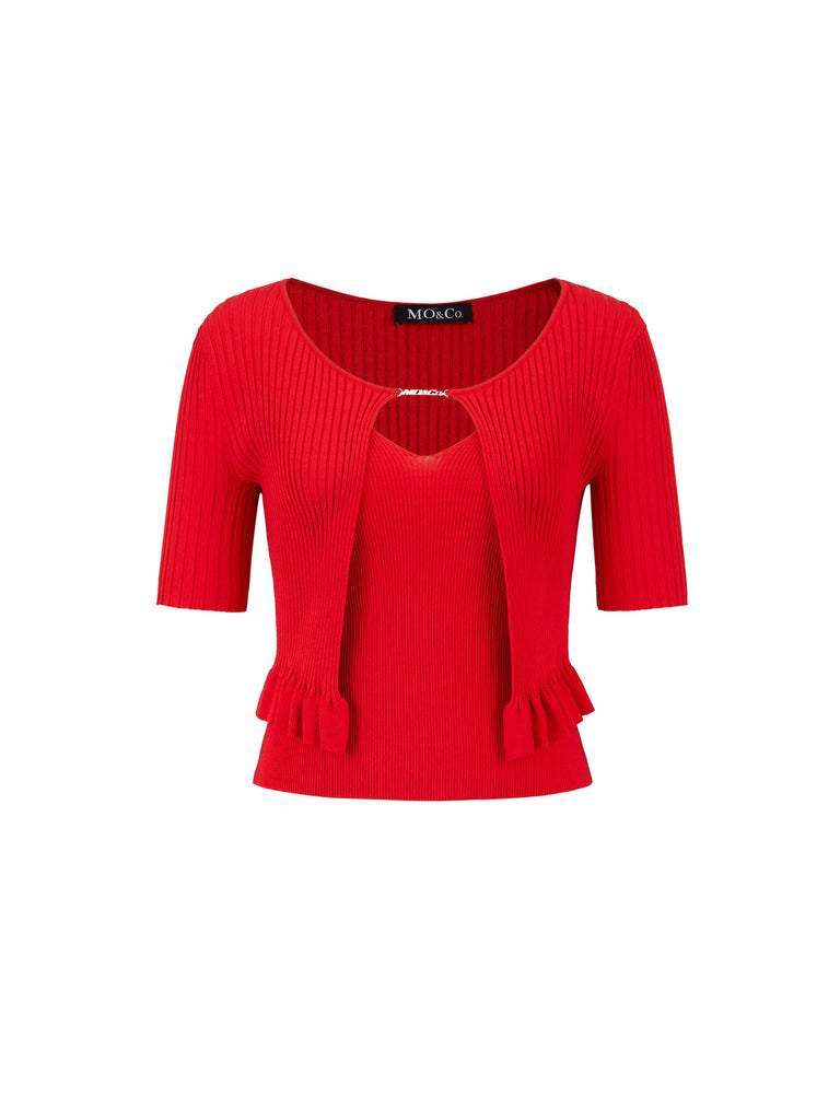 MO&Co. Women's Wavy Hem Logo-charm Knitted Cardigan Set in Red