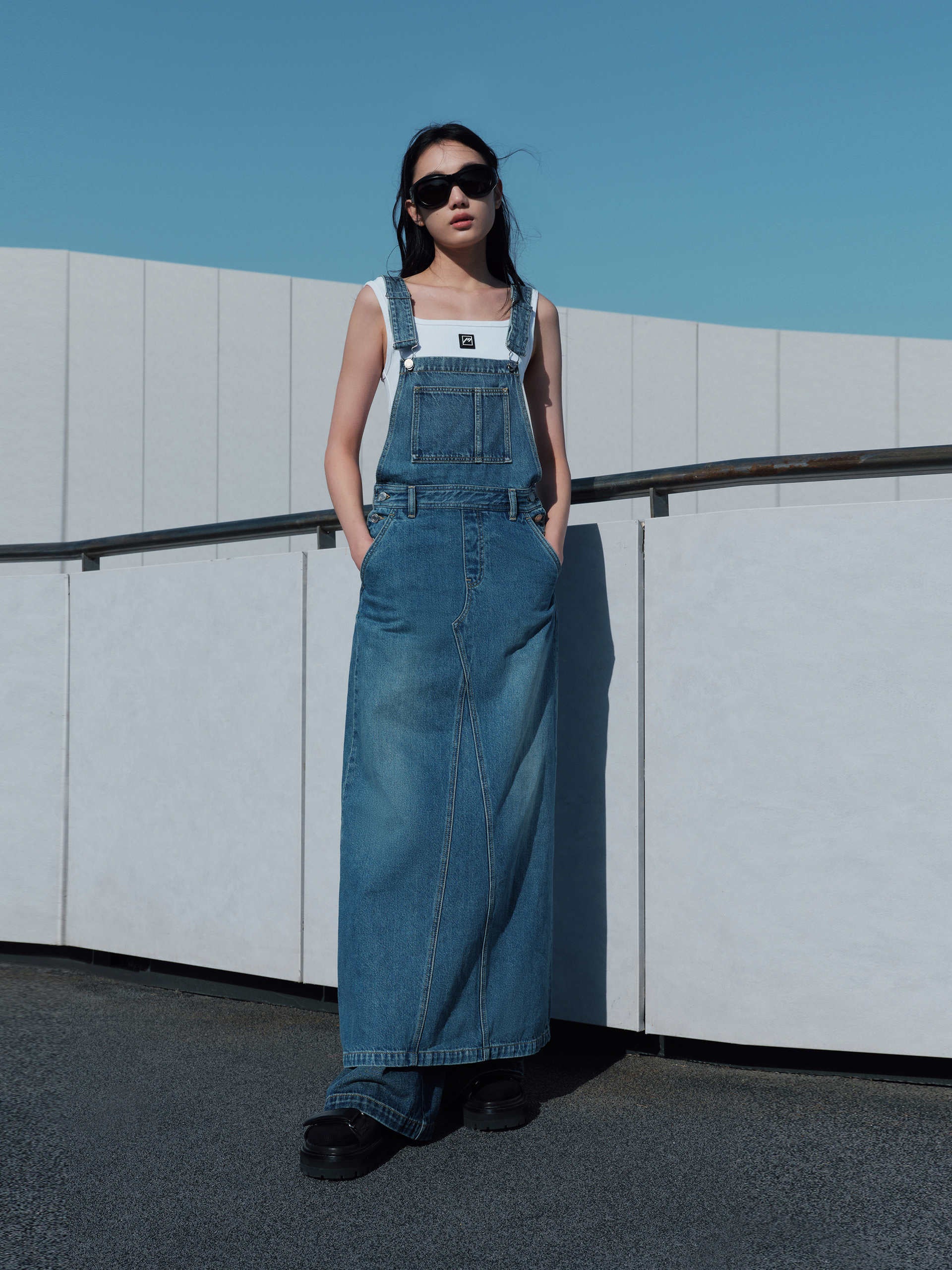 Back Slit Dress with Straps Denim Overall Skirt