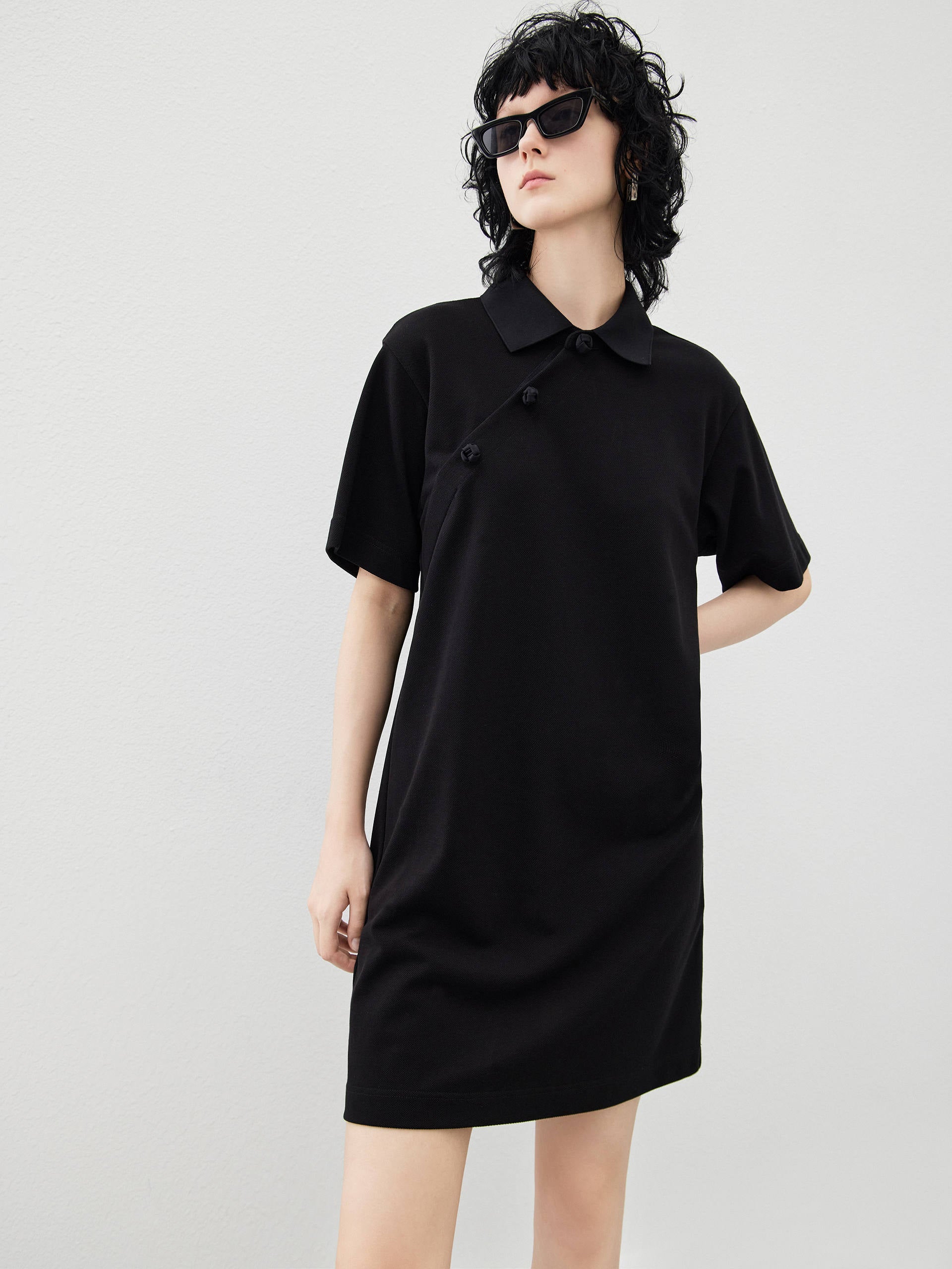 Women's Polo Collar Black Casual Cotton Dress