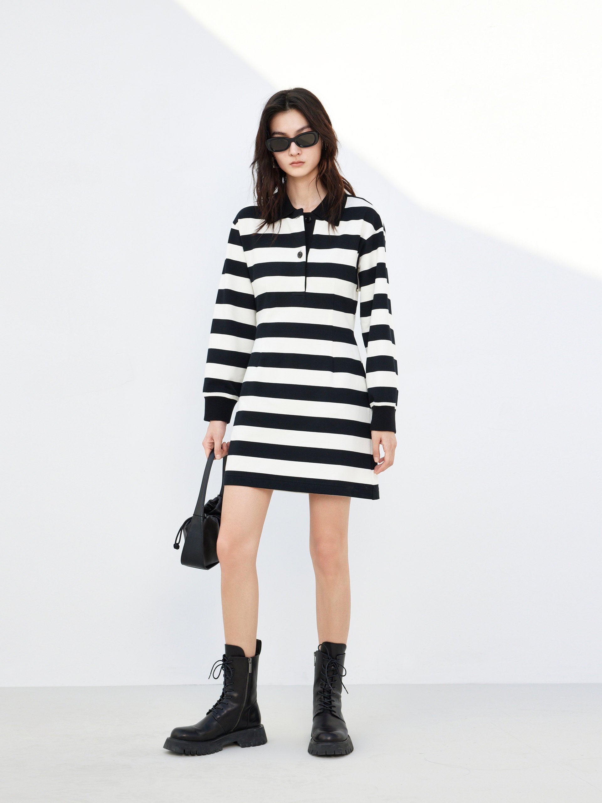 Long Sleeves Cutout Back Athleisure Style Striped Dress