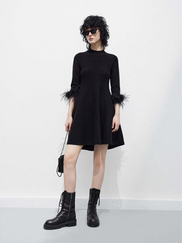 High Neck A-line Little Black Dress with Feather Trims