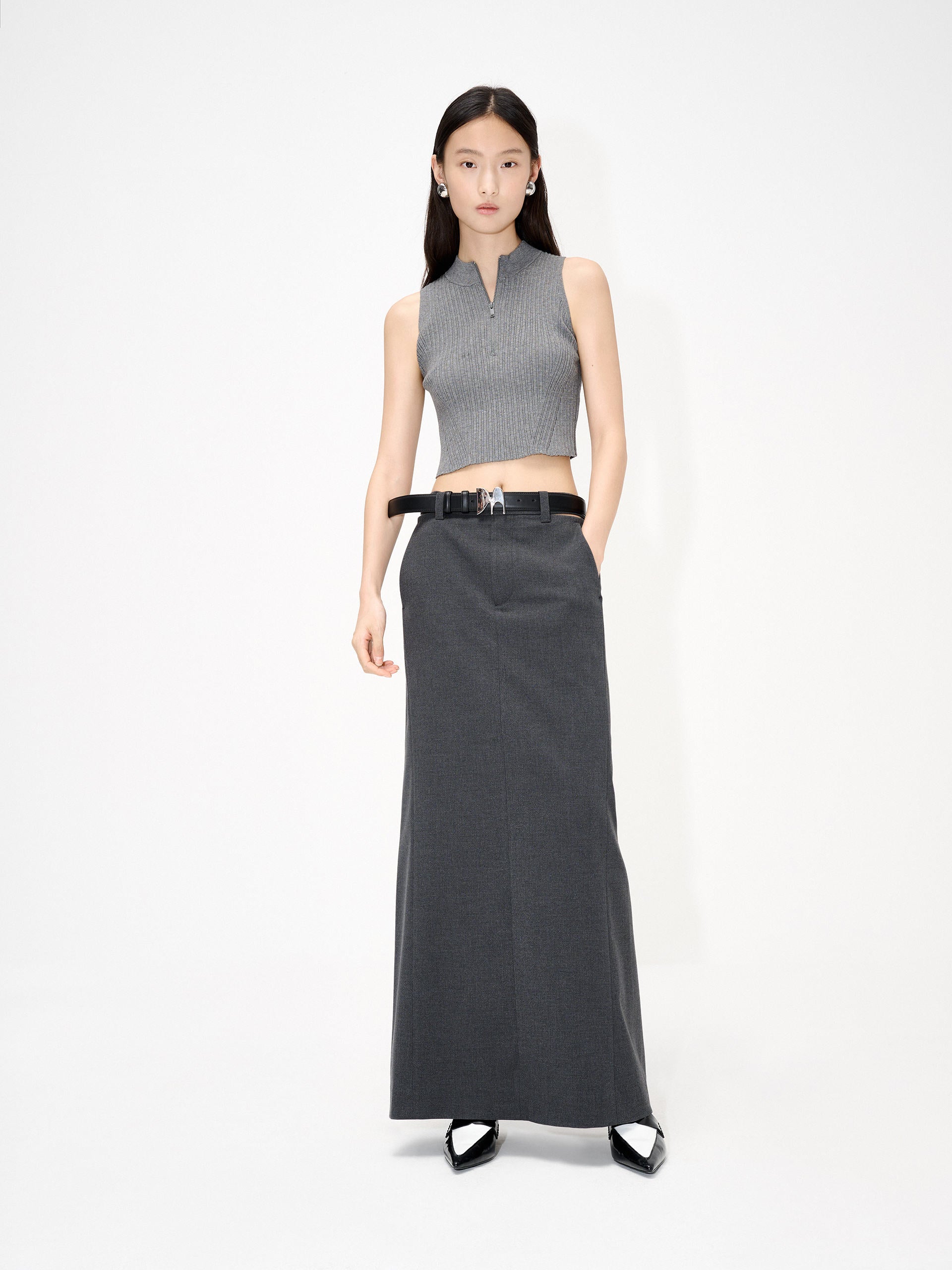 MO&Co. Women's Back Slit Mid-rise Maxi Skirt in Grey