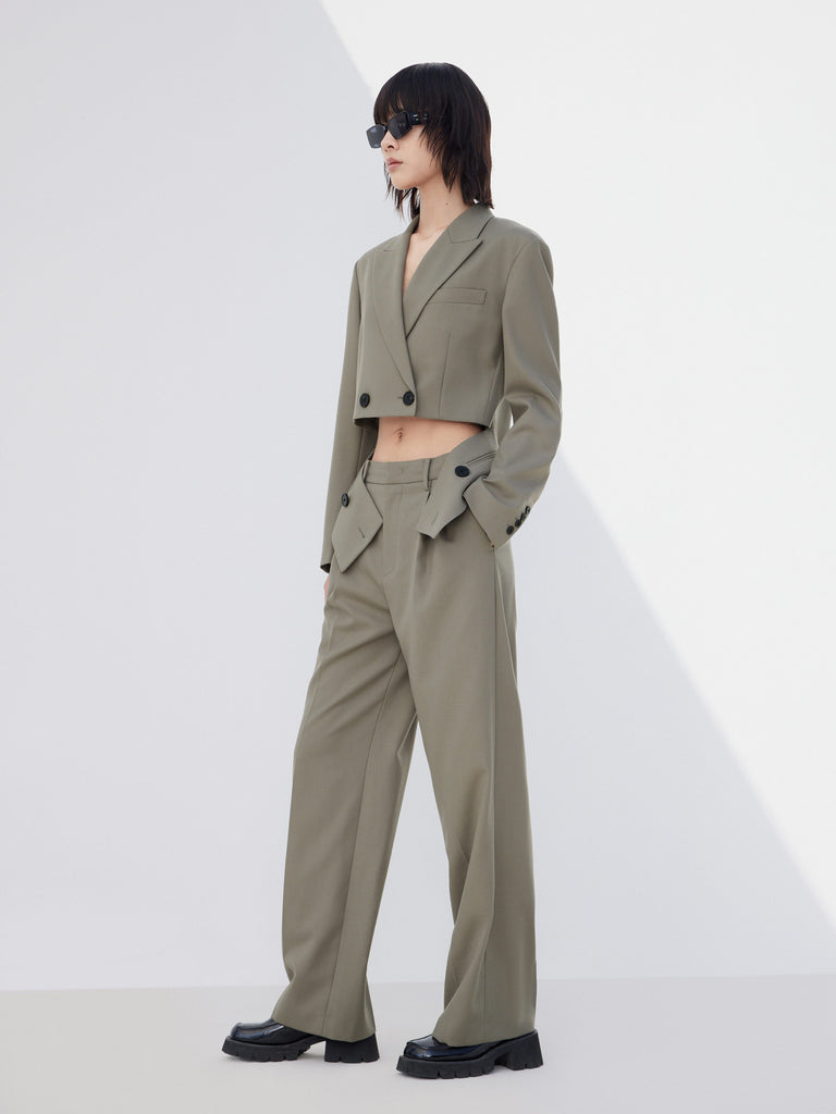 Tailored Straight Wide-leg Suit Pants in Olive