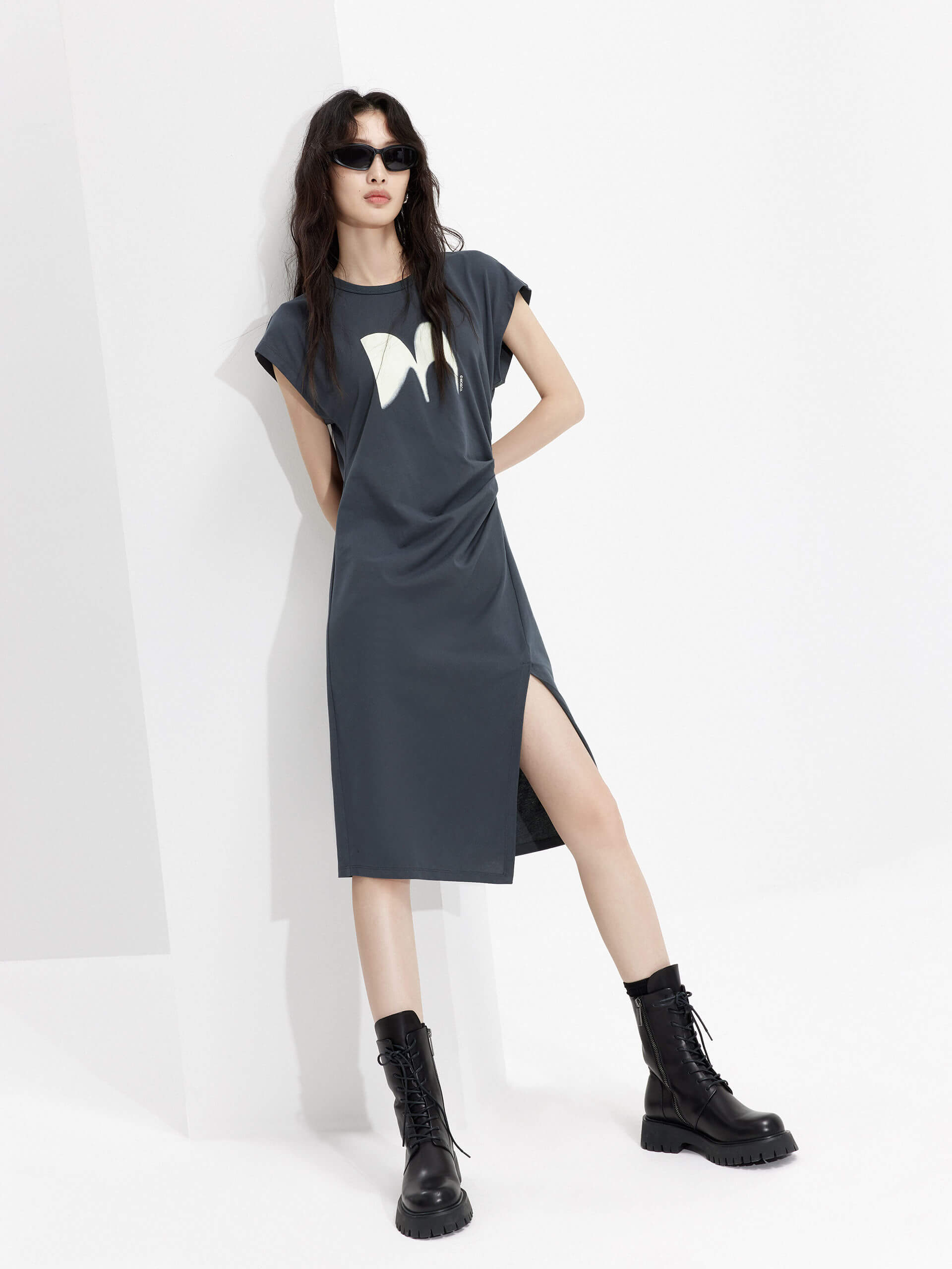 MO&Co. Women's Logo Printed Pleated Midi Dress with Cutout Back Details in Grey