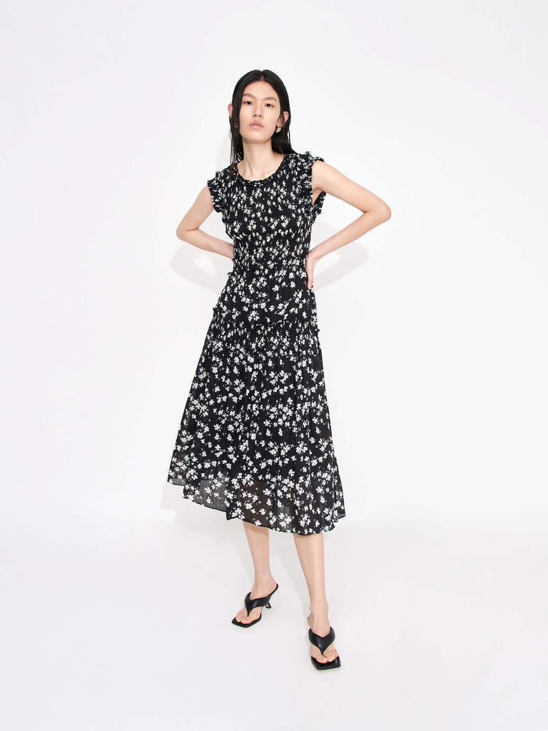 MO&Co. Women's Crewneck Floral Print Smocked Midi Dress in Black
