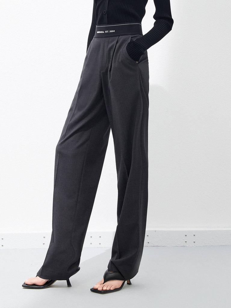 Elasticated Waist Wide-leg  Straight Trousers in Grey