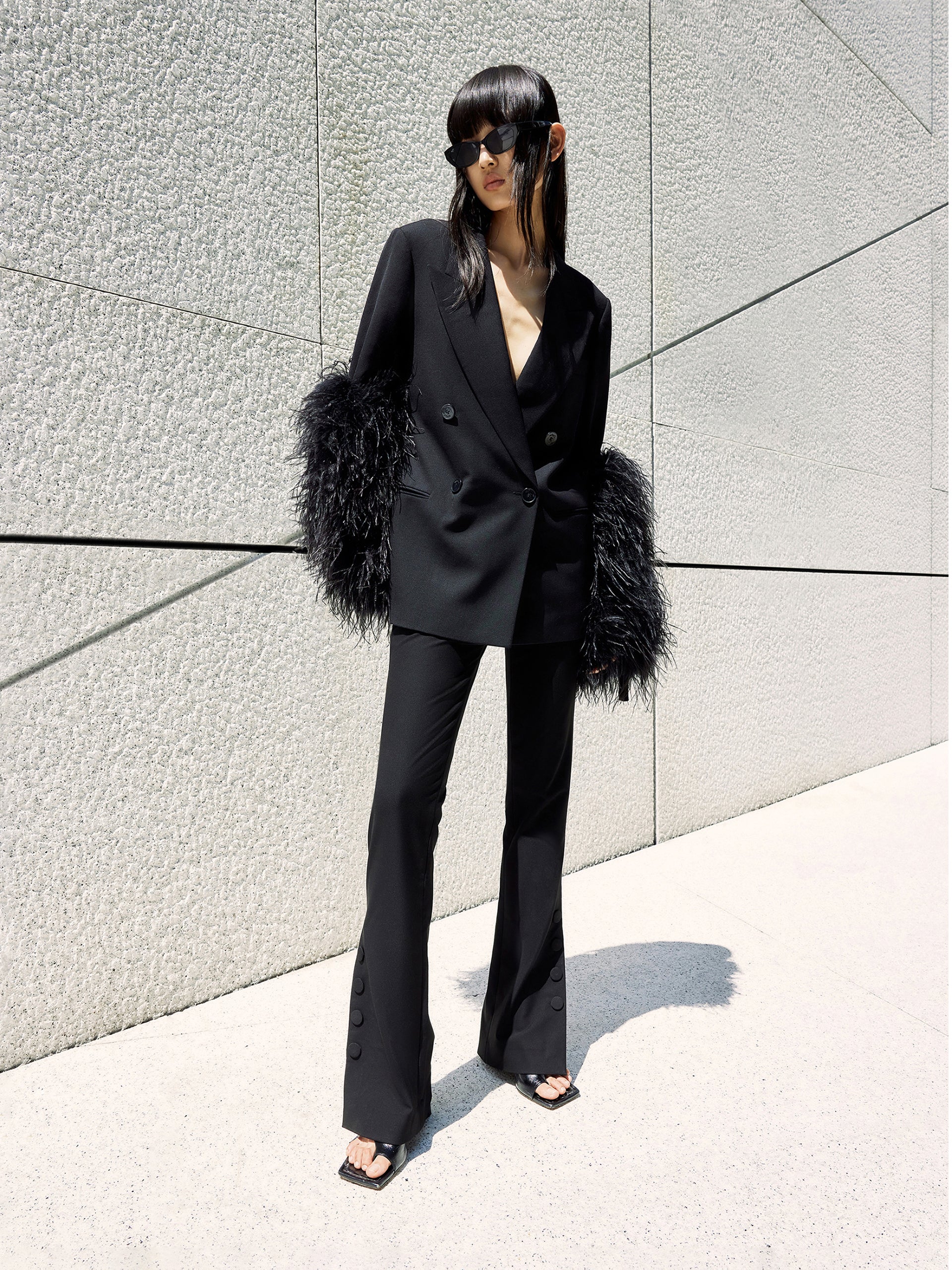 High Waist Side Slit Flared Trousers