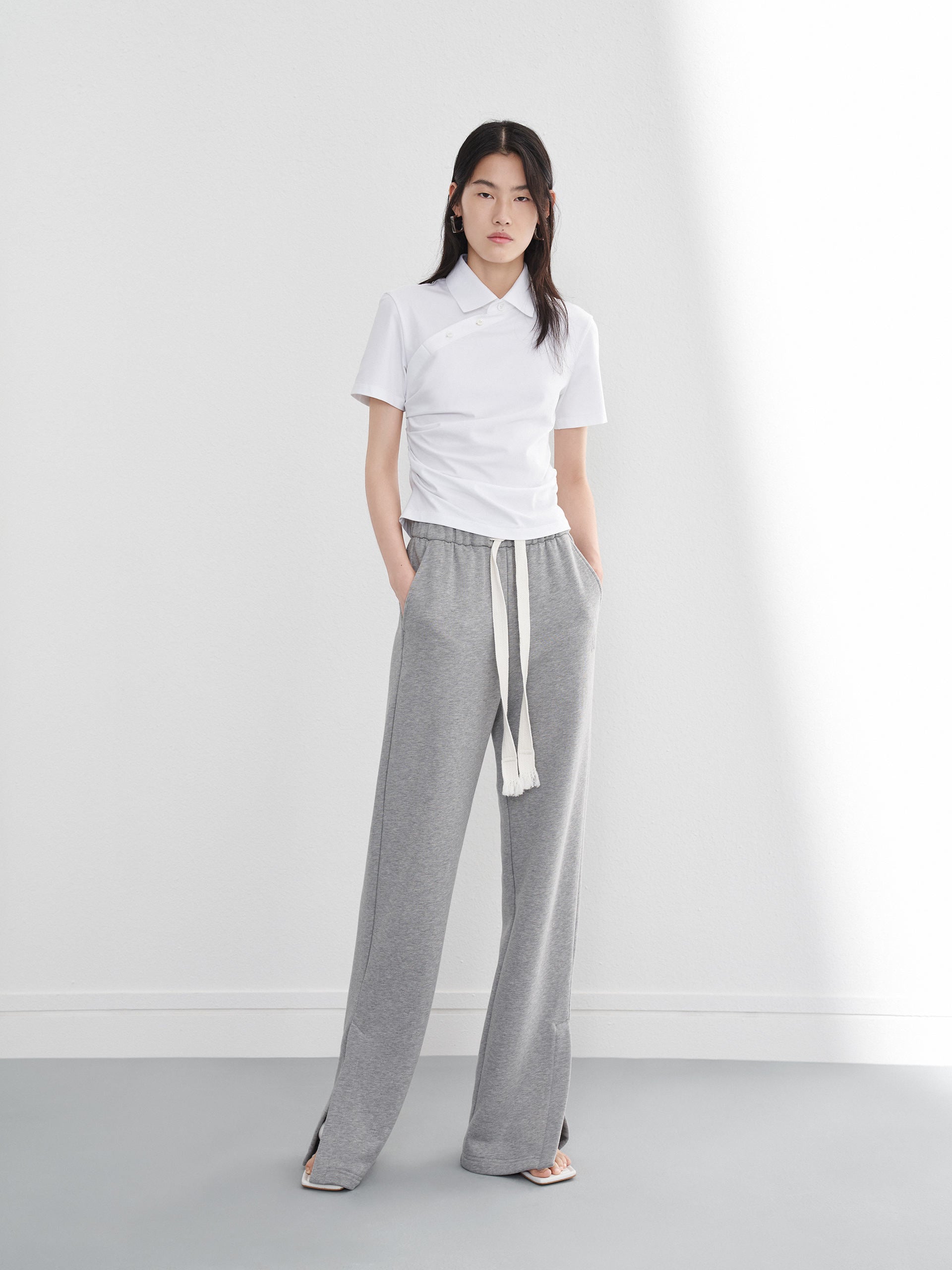 Elasticated Waist Cotton Causal Slit Details Trousers in Grey