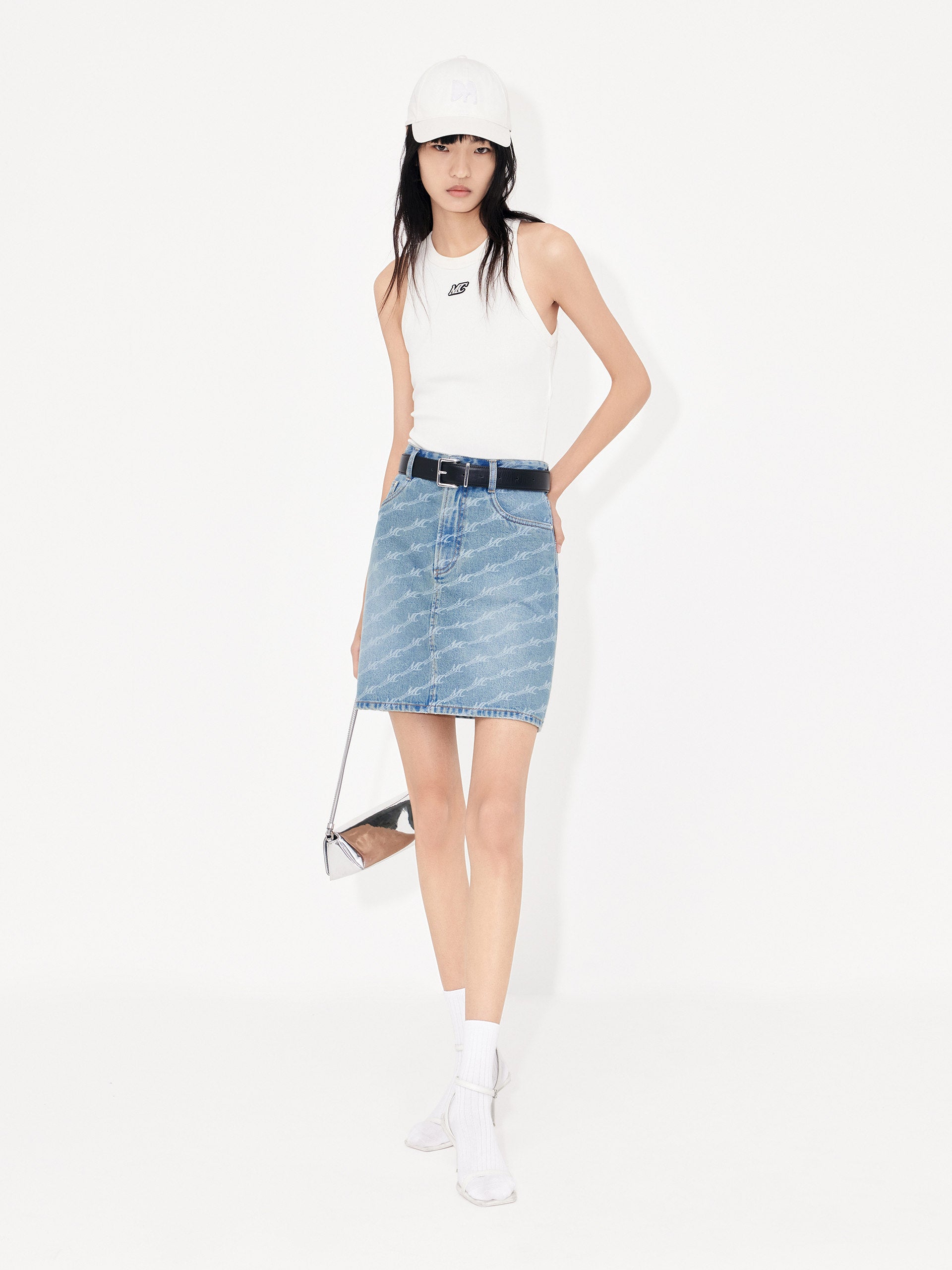 Women's Allover MC letter Denim A-line Mini Skirt