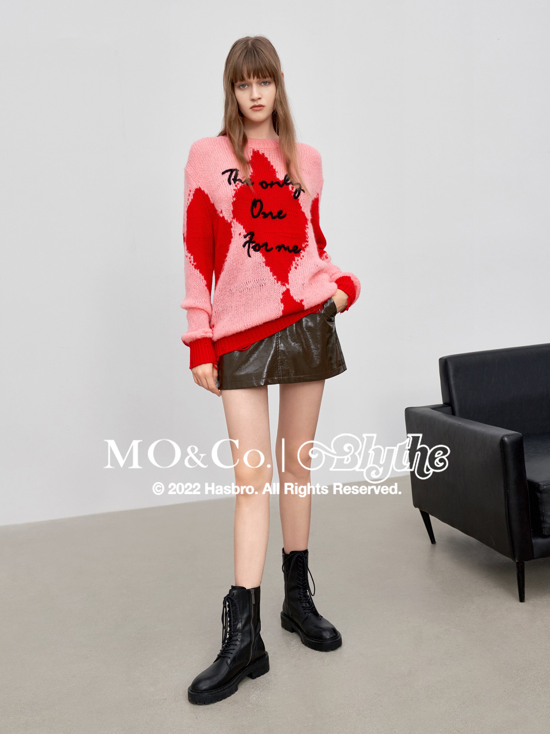 MO&Co.｜Blythe Collaboration Wool Letter Pattern Sweater Loose Chic Round Neck  Red Sweater