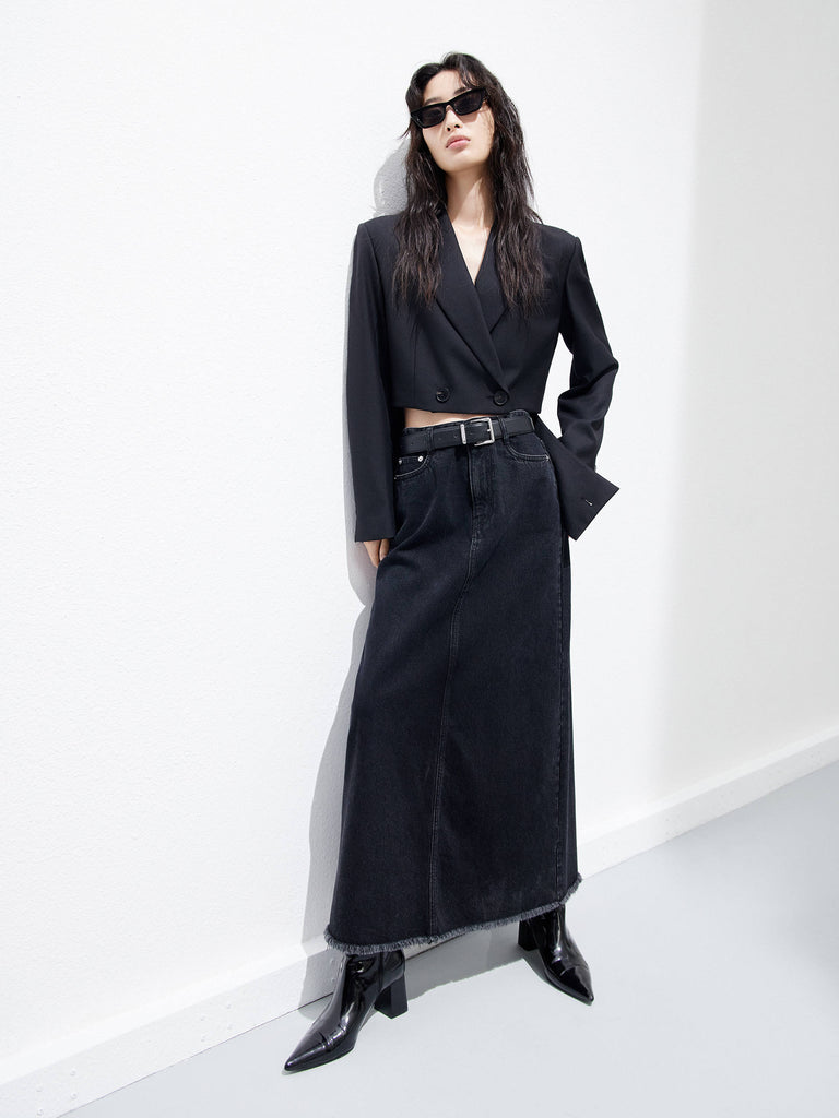 Women's Deconstructed Hem Wool-blend Suit Blazer in Black