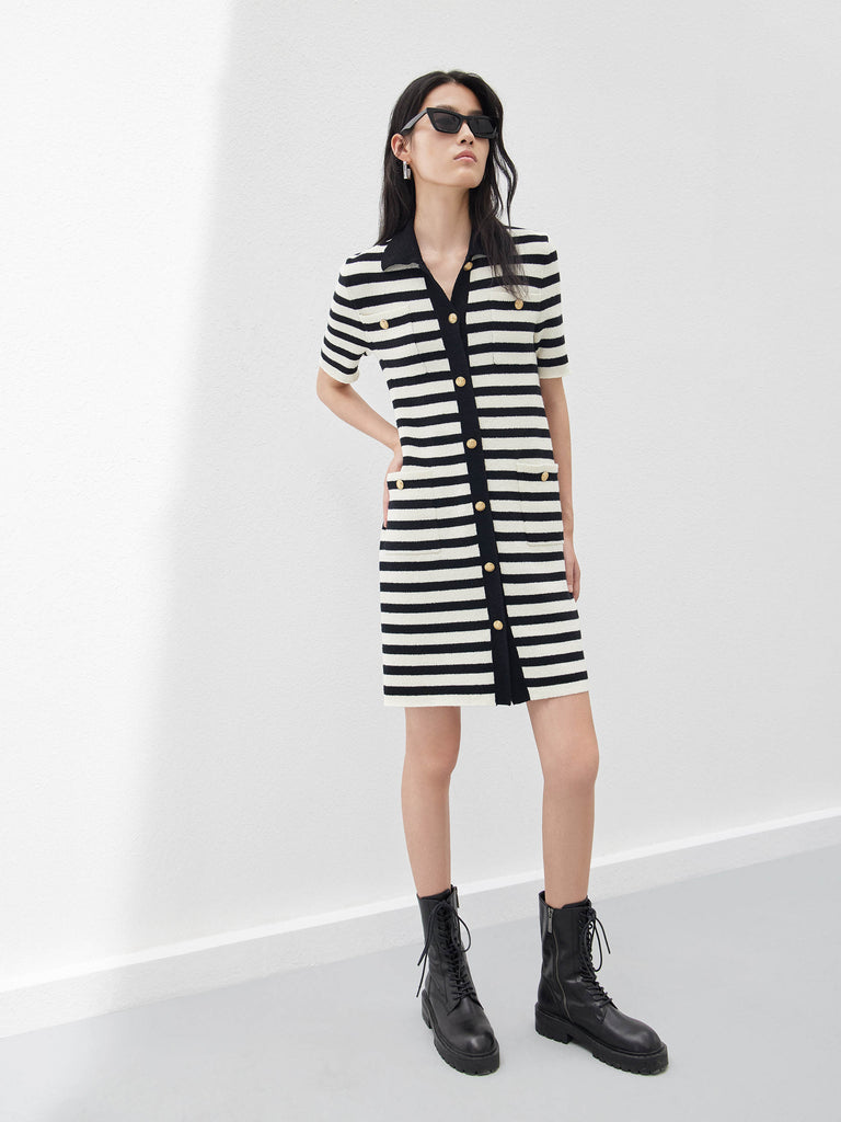 Wool Blend Black and White Striped Casual Shift Altheisure Dress