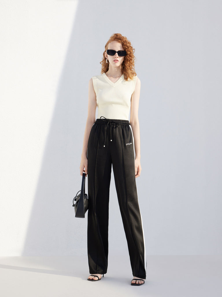 Contrast Elastic Casual Athleisure Black Trousers