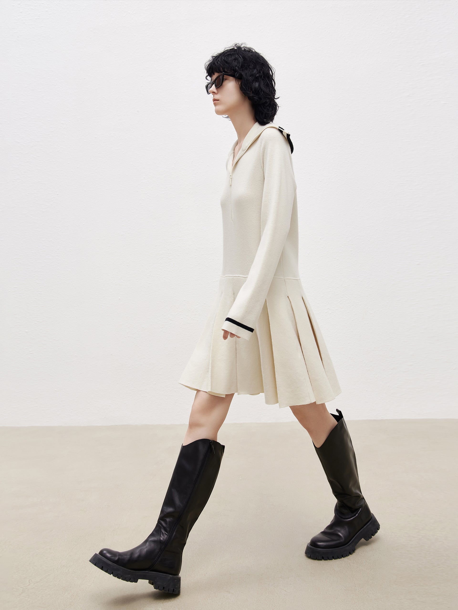 White Wool Blend Navy Collar Sweater Dress