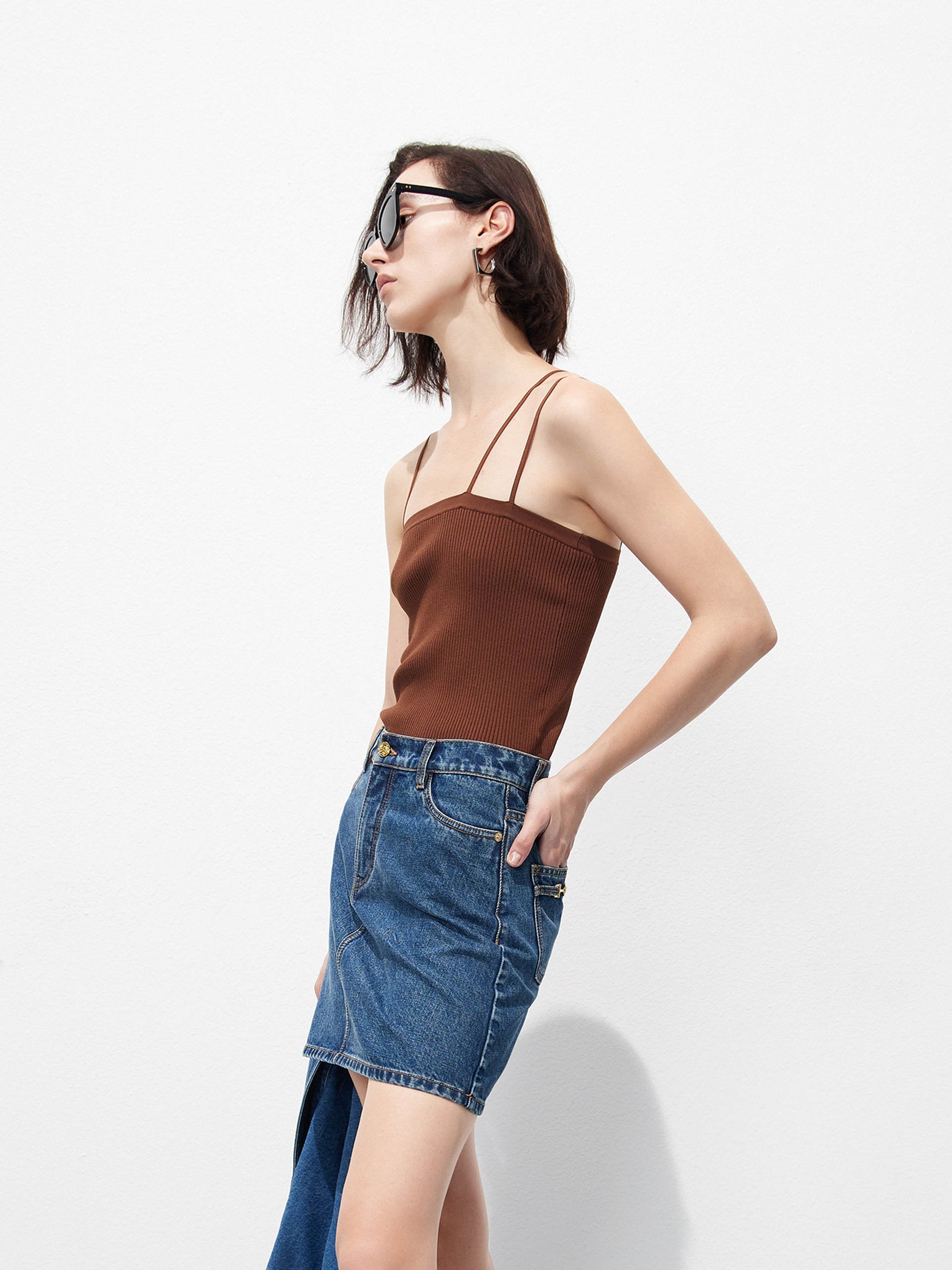 Spaghetti Strap Ribbed Knit Brown Tank Top