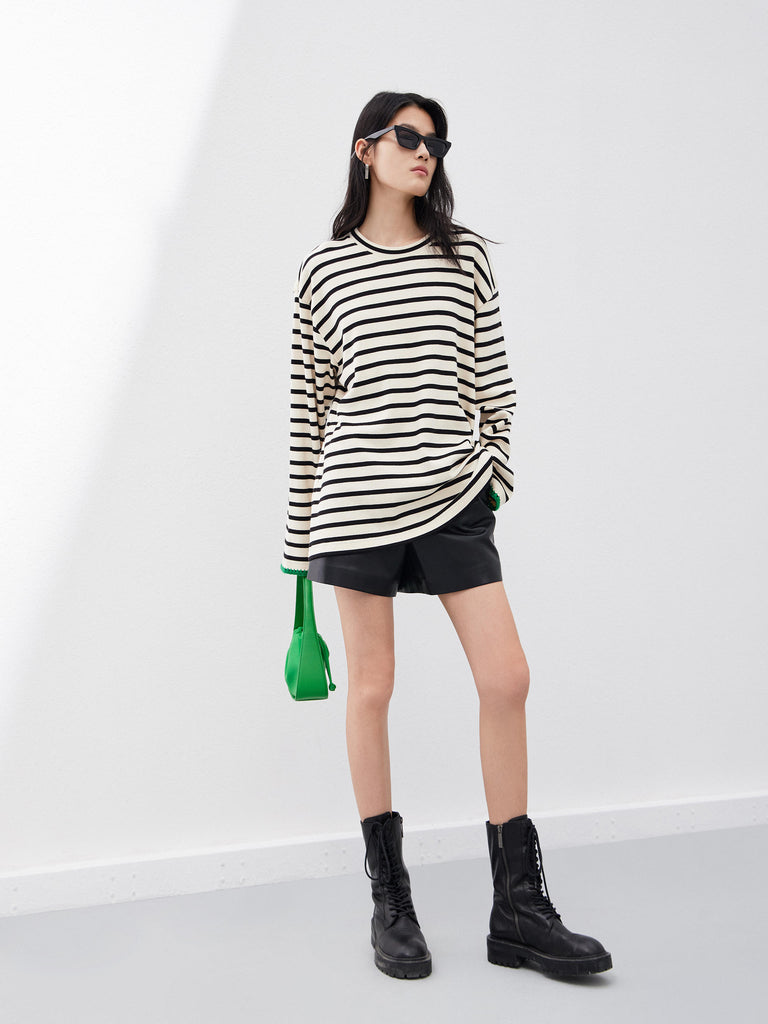 Long sleeves Relaxed fit Causal Striped Cotton T-shirt