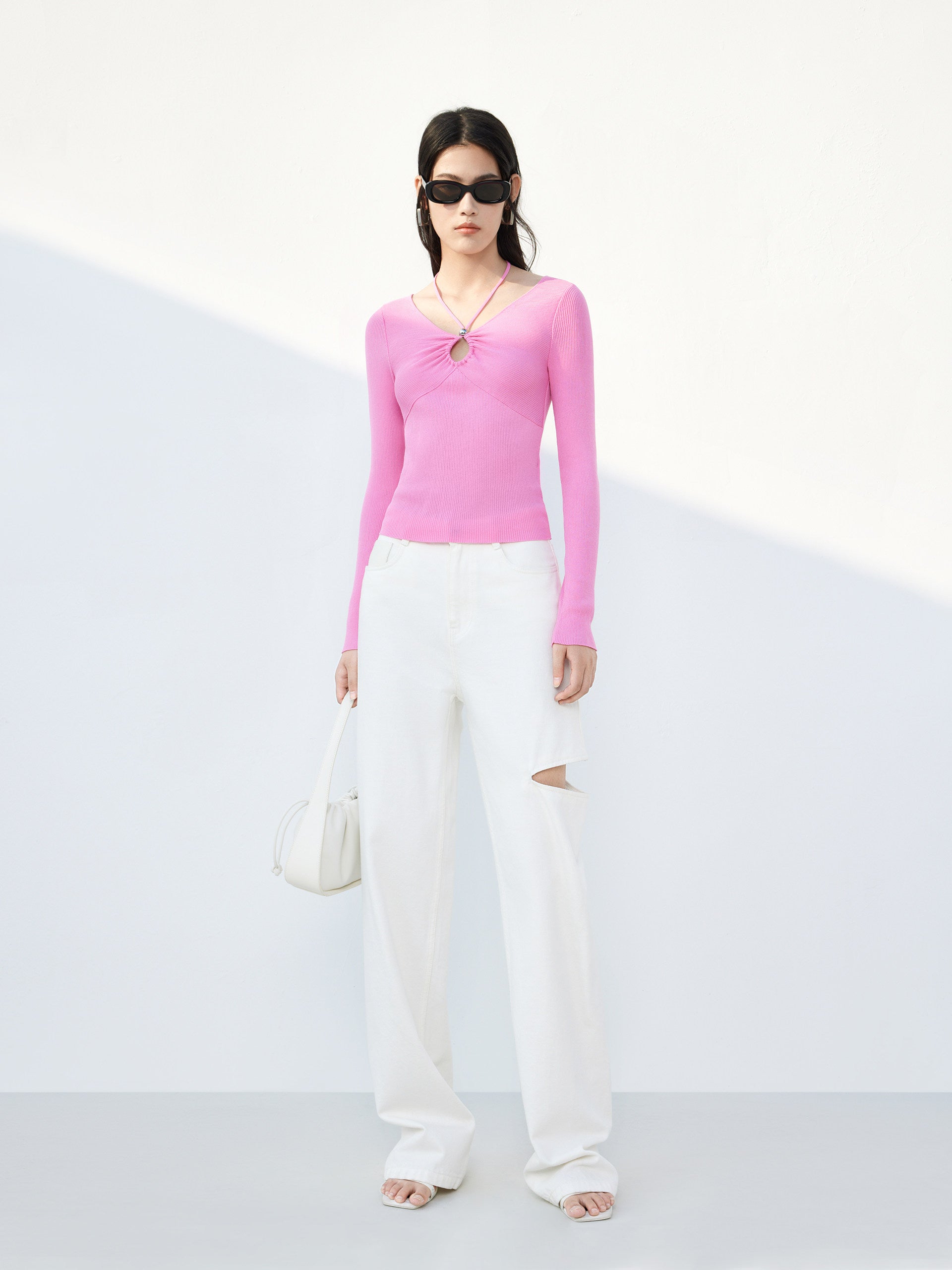 Long Sleeves Cotton Blend Ribbed Knit Top with Open Front Details in Pink