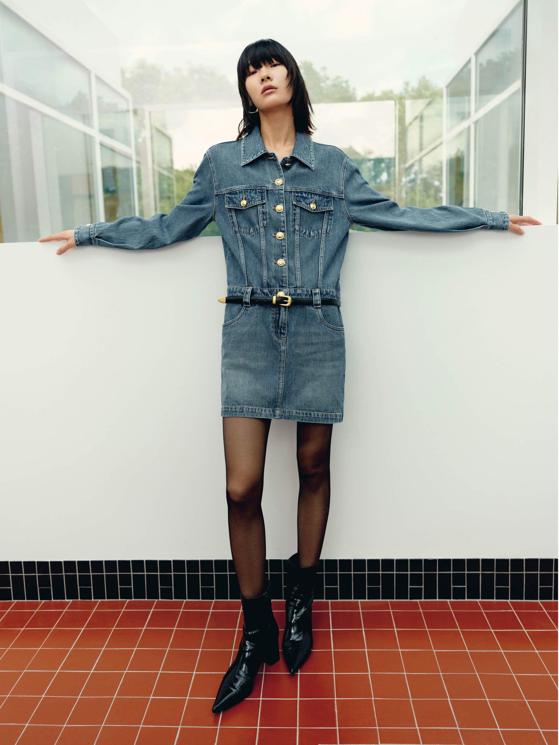 Include Belt Low-rise Denim Mini Dress