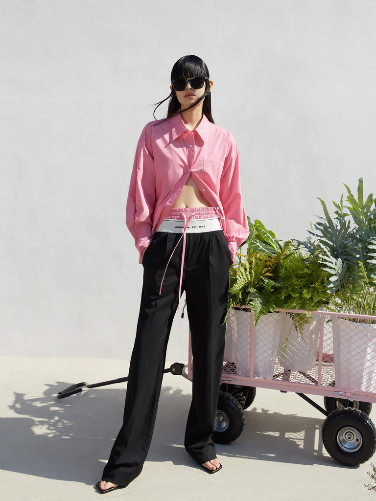 Contrast Trim Cotton Oversized Shirt in Pink