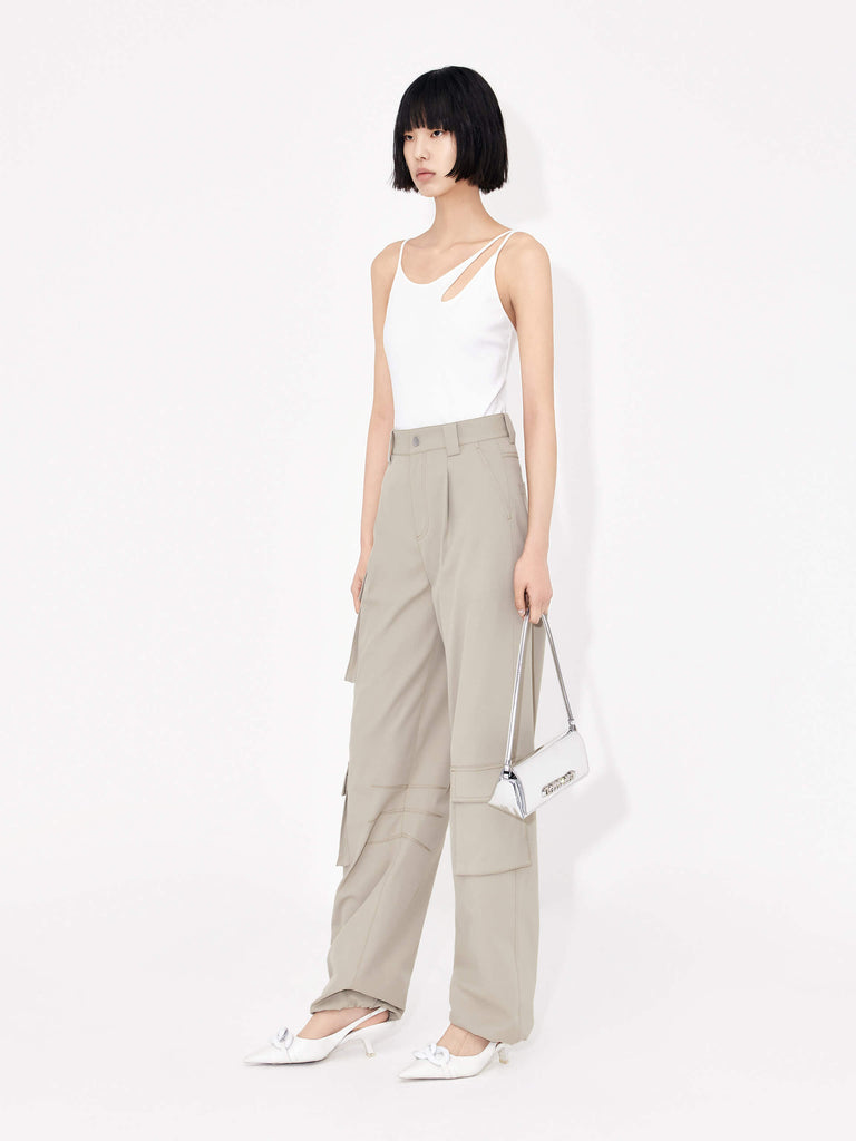 MO&Co. Women's Pocket Detail Cool Touch Cargo Pants in Olive features flap pockets on each leg, straight fit with adjustable hem details.