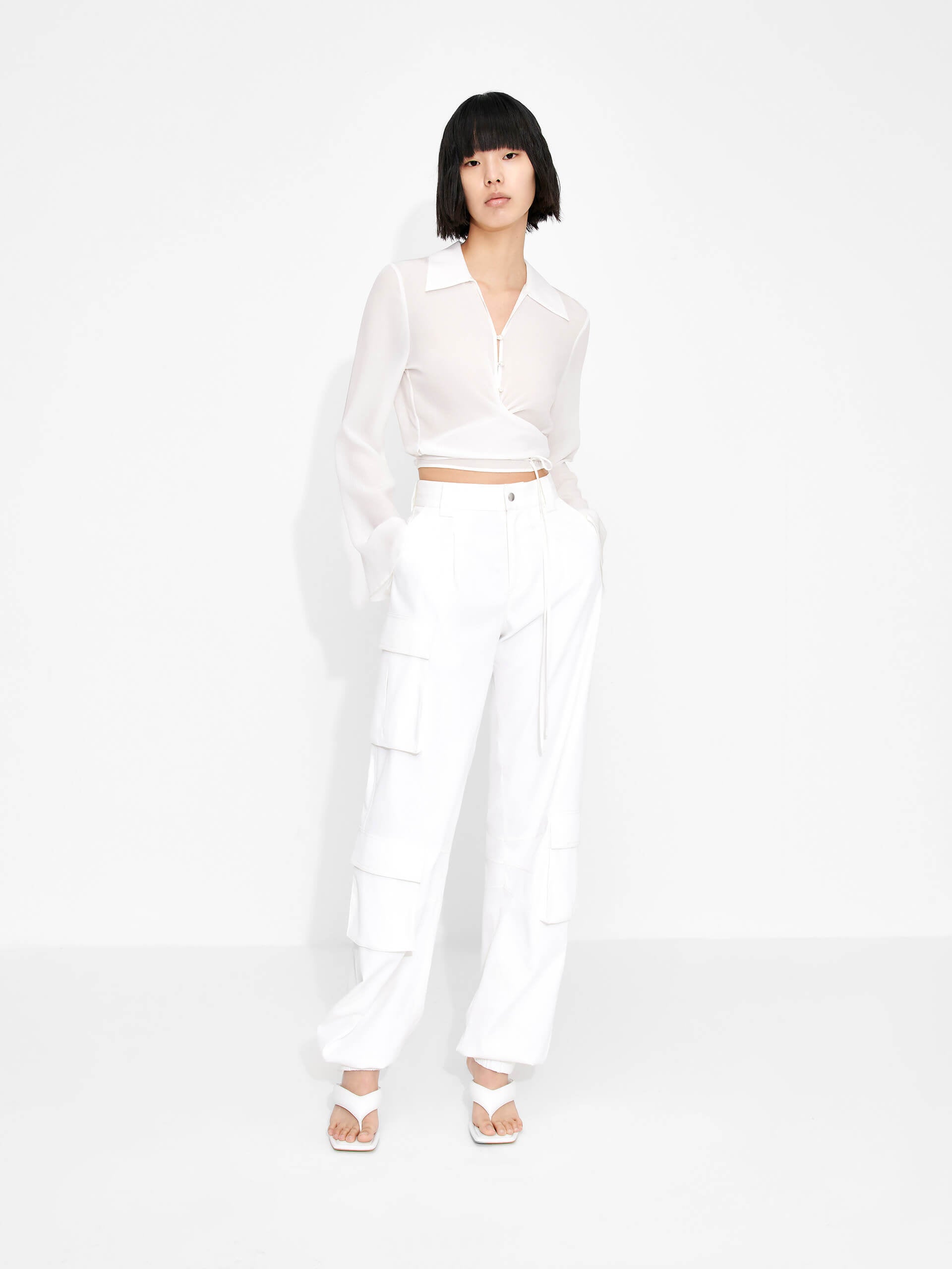 MO&Co. Women's Silk Cropped Wrap Front Trumpet Sleeves Top in White