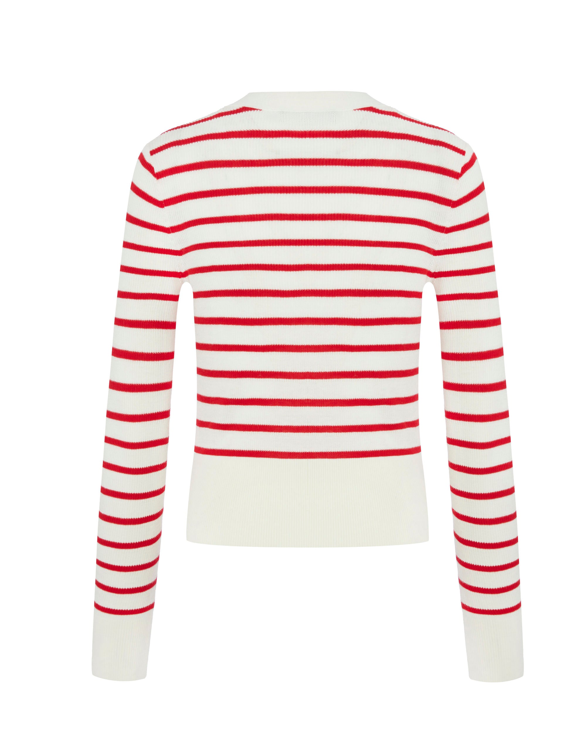 Red and White Striped V Neck Merino Wool Long Sleeves Slim Fit Cardigan