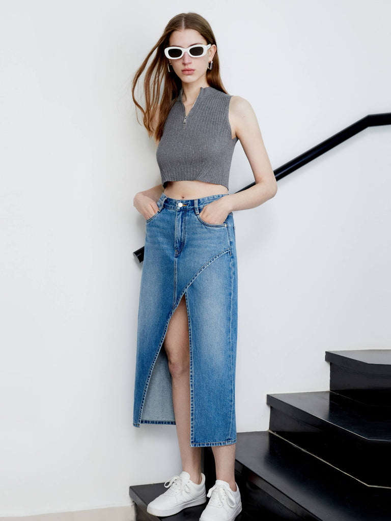 MO&Co. Women's Irregular Cutout Cotton A-line Midi Denim Skirt
