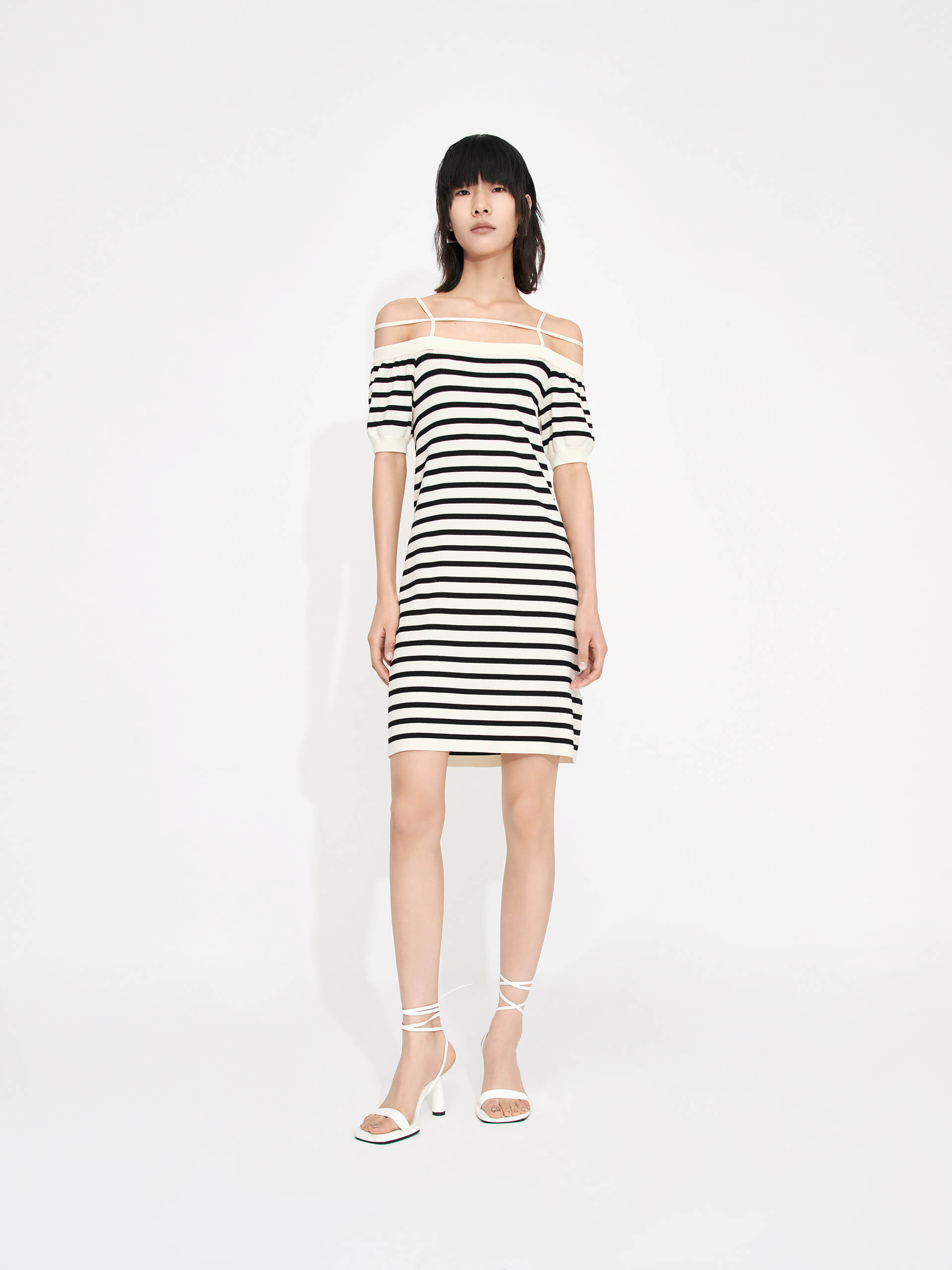 MO&Co. Women's Black and White Striped Strap Details Slim Fit Off Shoulder Mini Dress