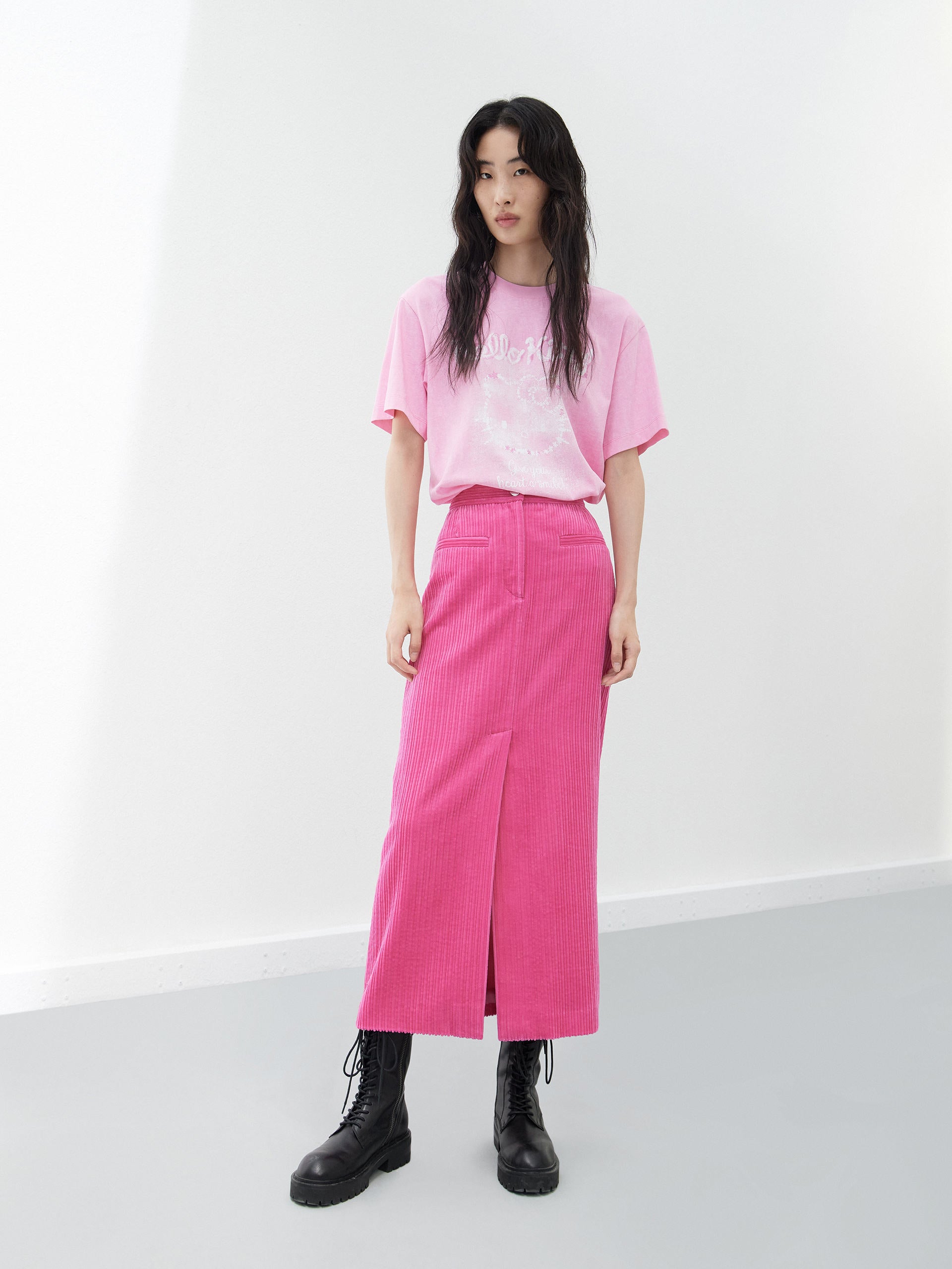 Pink Corduroy Slit Front Midi Skirt