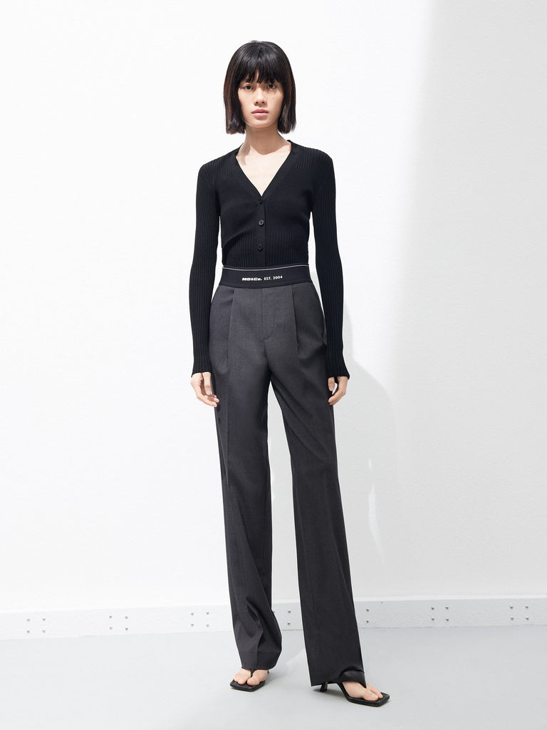 Women's V-neck Long Sleeves Slim-fitting Ribbed Knit Top in Black
