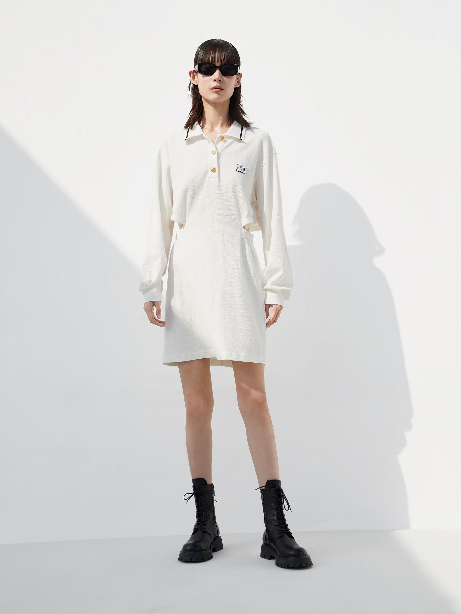 Cutout Waist Causal Cotton Mini Dress with Polo Collar in White