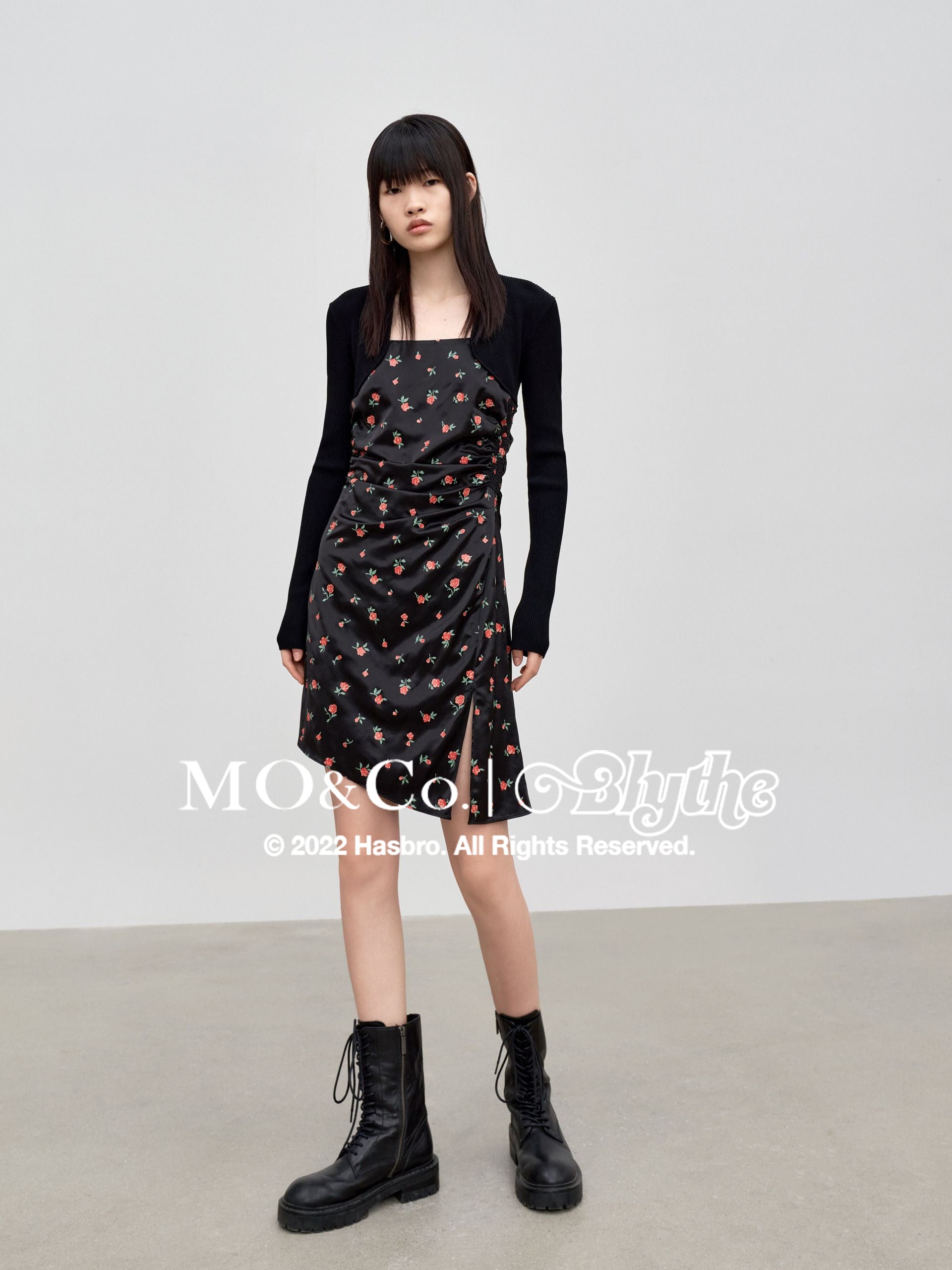 MO&Co.｜Blythe Collaboration Irregular Panel Dress Fitted Casual Square Neck  Black Dress