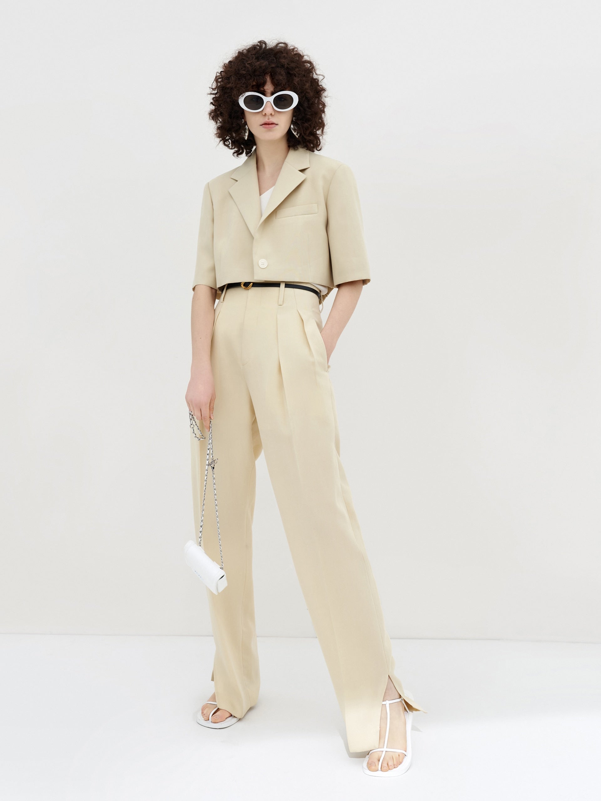 Women's Cropped Boxy Short Sleeves Summer Blazer in Khaki