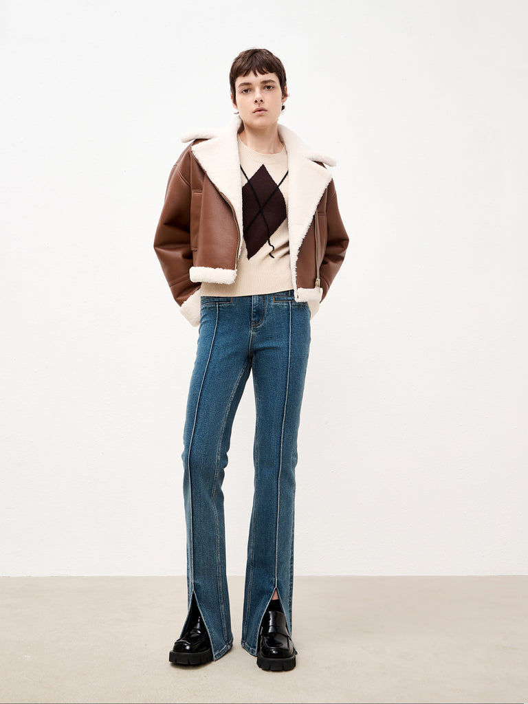 Beige Wool Blend Geometric Pattern Sweater
