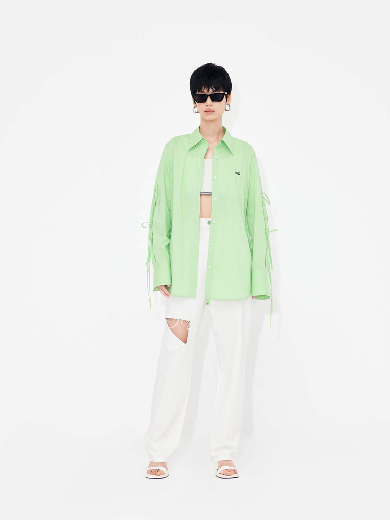 MO&Co. Women's Cotton Blend Cutout Details Oversized Shirt in Green