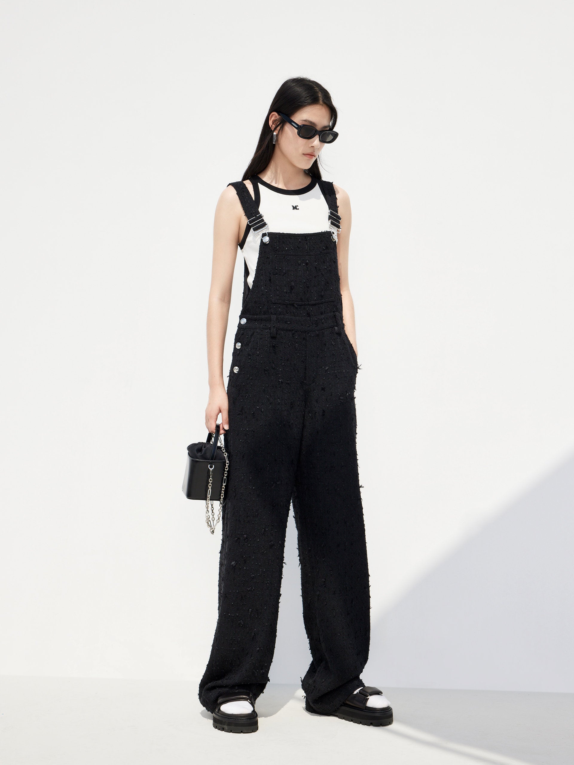 Textured Overalls Tweed Jumpsuit in Black