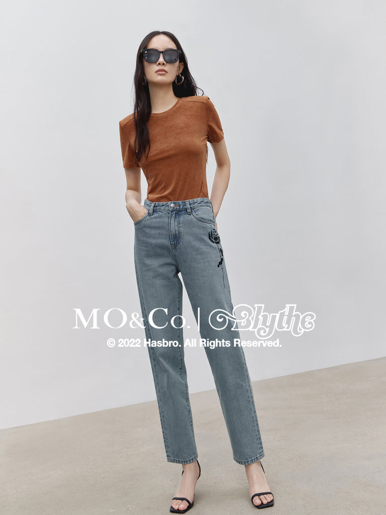MO&Co.｜Blythe Collaboration Cotton Rose Print Jeans Fitted Cowboys  Trending Jeans For Women