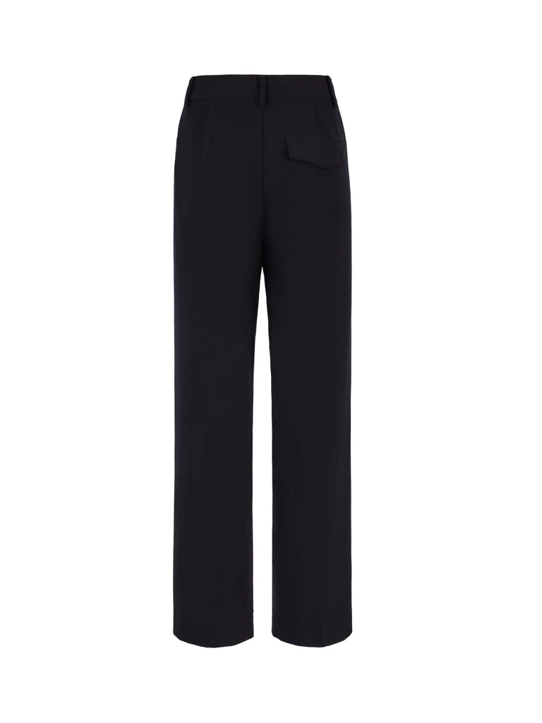 MO&Co. Women's Contrast Trim Straight Pants in Black: a fashionable look with white contrast trim design, wide and straight leg and side pockets, and belt loops and a zipper and hook closure.