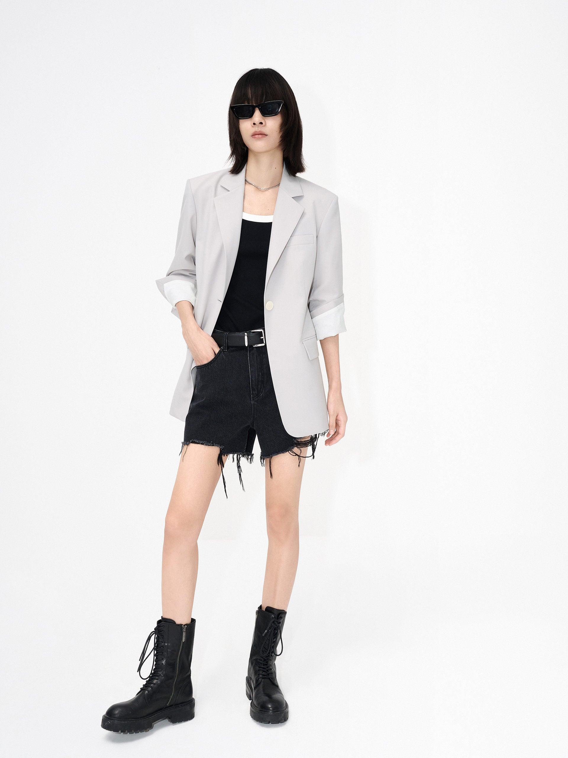 MO&Co. Women's Tailored Blazer with Pleated Sleeves Details in Grey