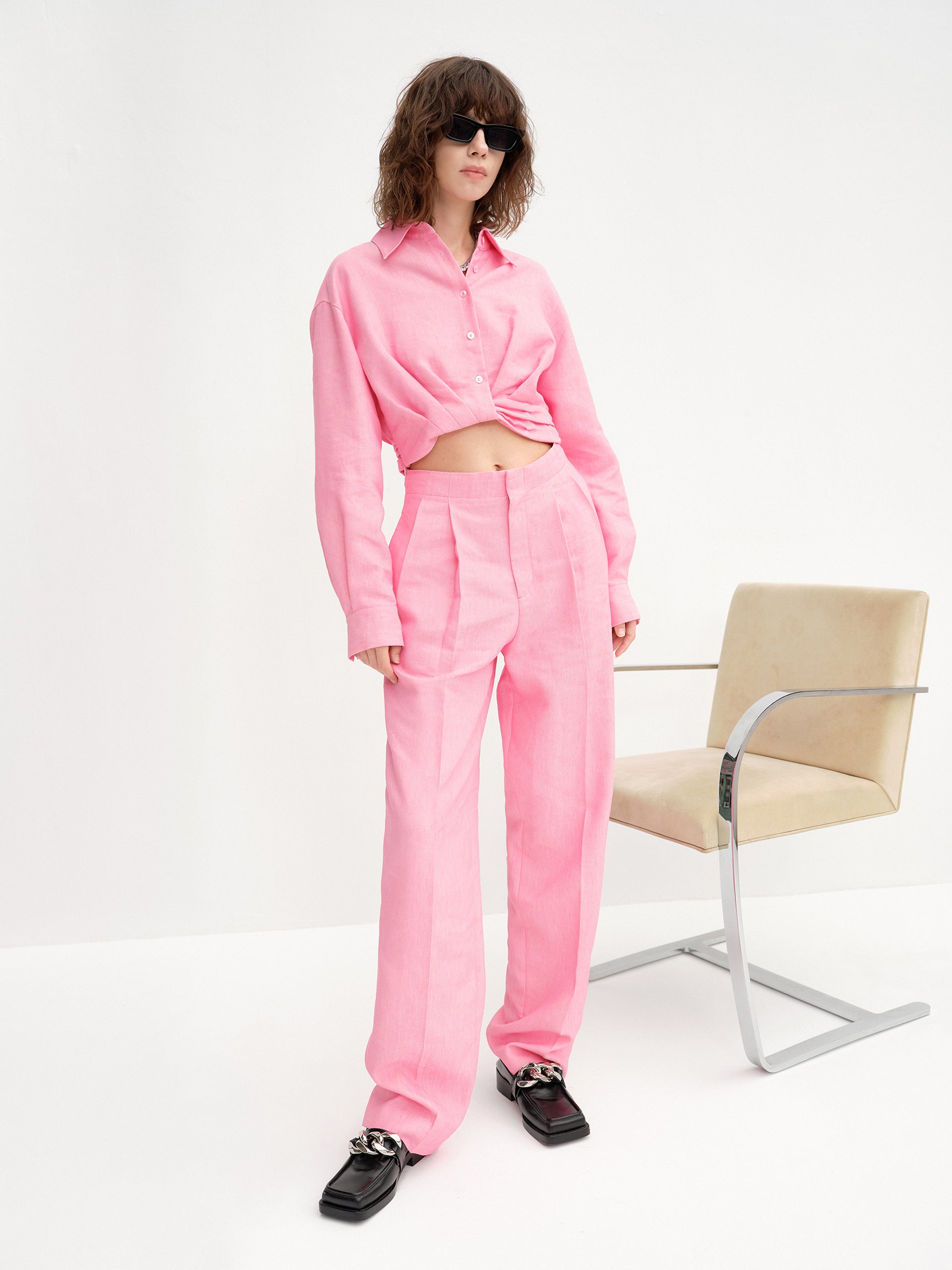 Women's Linen Blend High-rise Wide Leg Suit Pants in Pink