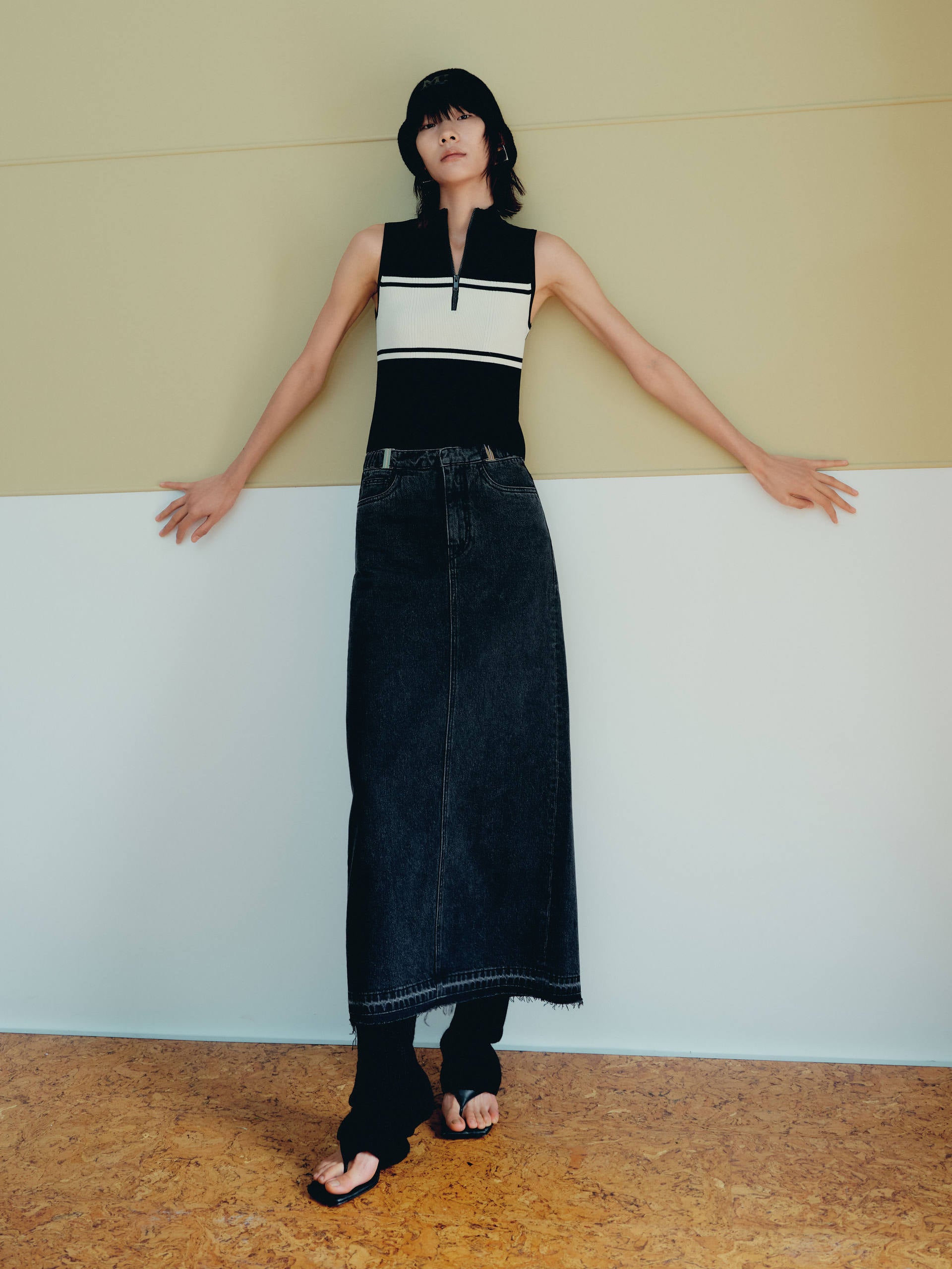 Slit Back Cut-out Waistband Details Black Denim Maxi Skirt