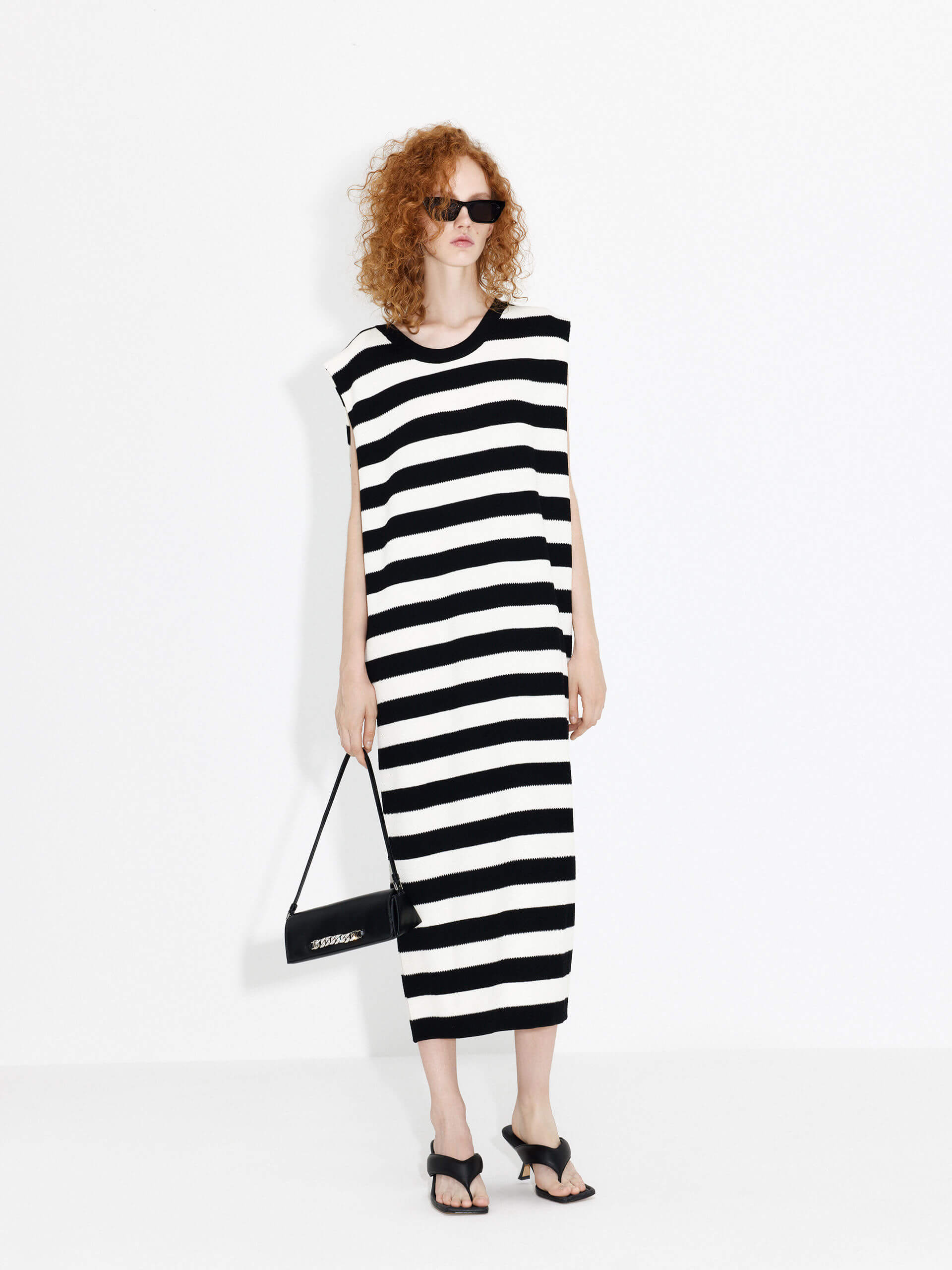 MO&Co. Women's Black and White Stripe H-line Maxi Dress with Cut-out Details and Logo Metallic Chain at back