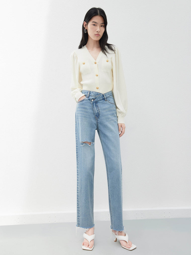 Women's Asymmetric Waistband Ripped Straight Jeans