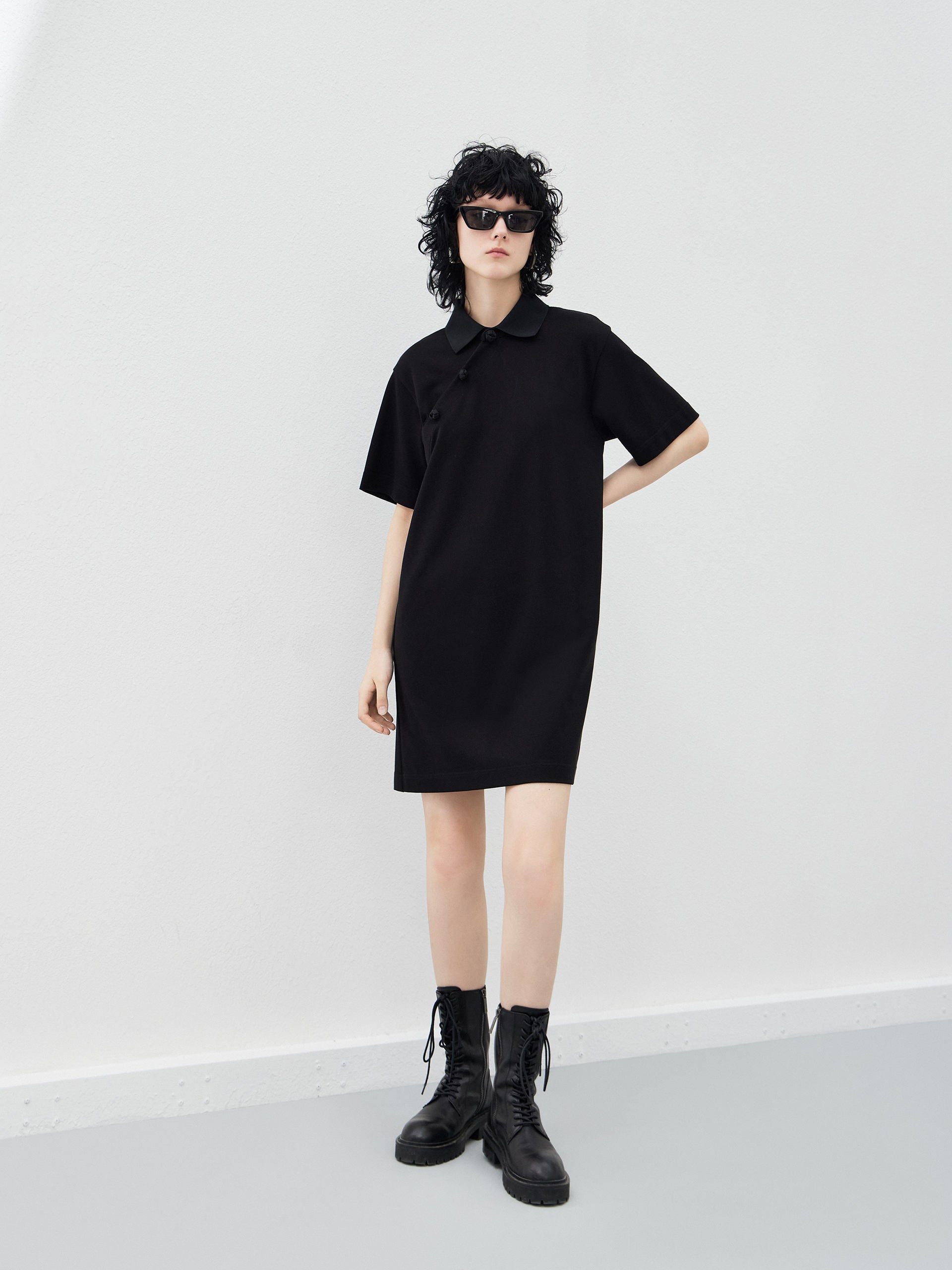 Women's Polo Collar Black Casual Cotton Dress