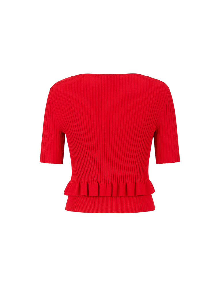 MO&Co. Women's Wavy Hem Logo-charm Knitted Cardigan Set in Red