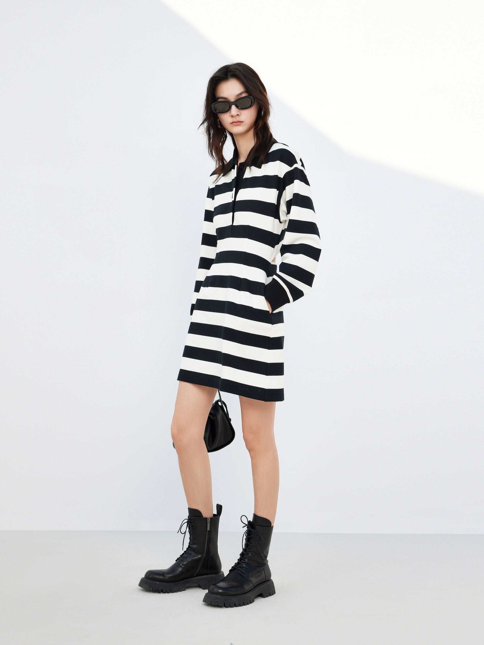 Long Sleeves Cutout Back Athleisure Style Striped Dress